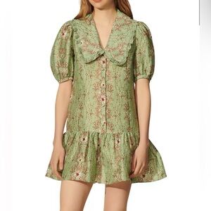 Sandro Green Floral Puff Sleeve Mini Dress